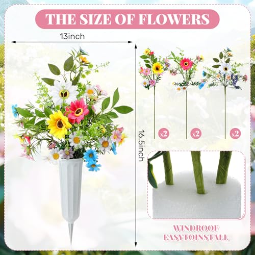 Thiccywoov 2 Set Artificial Daisy Cemetery Flowers with Vase Multicolor Artificial Daisy Bouquet Silk Graveyard Memorial Flowers for Spring Summer Cemetery Headstones Decoration - color: Multicolored, size: Daisy
