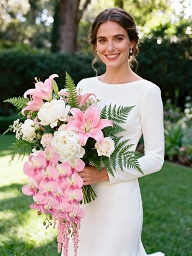 Pink Orchid Artificial Flowers 5PCS Fake Orchid 35.4" Faux Orchid Stems Phalaenopsis Branches for Tall Vase for Bridal Shower Home Party Wedding Centerpices (Pink) - color: Pink