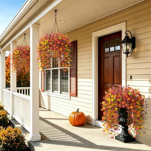 Fake Mums Artificial Fall Hanging Flowers for Outdoors Decoration 2 PCS Faux Mums for Outdoor Planters Fake Plants Look Real Daisy Flower No Fade Autumn Decor for Porch Home Patio Balcony and Yard - color: Orange Brown Yellow