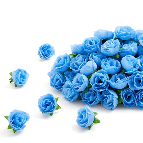 SITUMEIZI 100 Pcs 1.3 inches Mini Light Blue Rose Head Blue Roses Artificial Flowers for Wedding Decor, Graduation Cap, Cake, DIY Flower Wall Mother's Day Home Party Decor - color: Light-blue