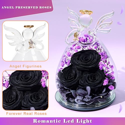 Beferr Gifts for Mom Birthday Gifts for Women, Fresh Flowers for Delivery Forever Preserved Rose in Glass Angel Figurine, Anniversary Christian Real Rose for Grandma Wife Mother from Daughter Son - color: O Black & Purple