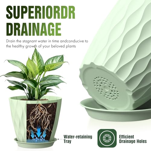 8 Inch Wave Plant Pots with Drainage Holes & Saucers, 4 Pack Modern Textured Medium Planters for Indoor Outdoor Plants, Decorative Flower Pots Repotting Set for Flowers, Herbs (Green) - color: Green
