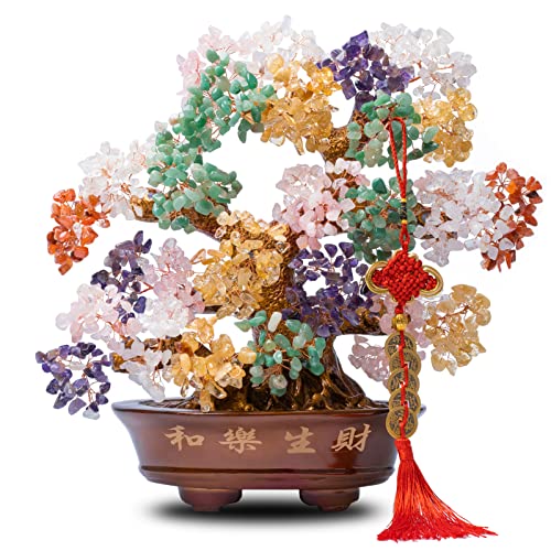 Natural Large Chakra Crystal Tree14, Included Lucky Coins Chain, Tree of Life(1251 Gemstone Count) with Healing Properties- Bonsai Feng Shui Money Tree for Good Luck and Wealth - color: Multicolor