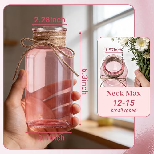 Glass Flower Vases for Centerpieces Boho Cylinder Bud Vases in Bulk Mason Jars for Weddings, Parties & Vintage Home Farmhouse (6, Pink) - color: Pink