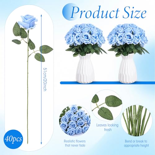 Hotop 40 Pcs Rose Artificial Flowers Bulk with Long Stem,Realistic Silk Fake Roses Bouquet for Home Wedding Centerpieces Party Table Decoration Valentines Gifts(Light Blue) - color: Light Blue