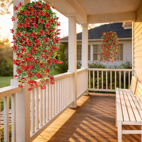 Artificial Hanging Flowers for Outdoors UV Resistant Fake Flowers Realistic Silk Faux Spring Hanging Flower for Patio Porch Garden Yard Fence Wall Decor(Red, 4 Pack) - color: 4pcs Red