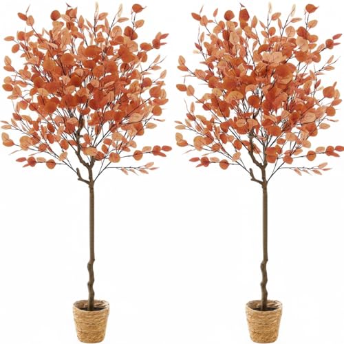 Giegxin 2 Pack 4ft Thanksgiving Day Artificial Eucalyptus Trees with Weaving Plant Baskets Faux Fall Stem with Eucalyptus Leaves Artificial Fall Tree Decor for Thanksgiving Porch Front Home Office - color: Dark Orange, style: Eucalyptus Leaves