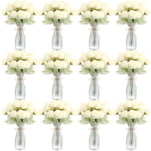 Zeyune 36 Pack Artificial Flowers Centerpiece with Vase Bulk for Wedding Table 24 Bundles Silk Floral Faux Rose Bouquet with 12 Plastic Vase for Bridal Shower Table Decor(White) - color: White