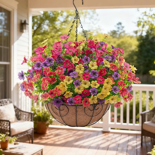 Artificial Faux Hanging Flowers Plants Basket for Outdoors Outside Spring Summer Decoration,Hanging Planters with Silk Fake Flowers Realistic UV Resistant Balcony Porch Garden Patio Home(4 Multicolor) - color: 4 Mix(red+yellow+purple+orange)