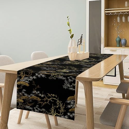 Modern Japanese Bamboo Table Runner, Black Gold Chinese Bamboo Print Table Runner for Kitchen Dining Home Party 13x36in - color: Bamboo-5, size: 13x36in