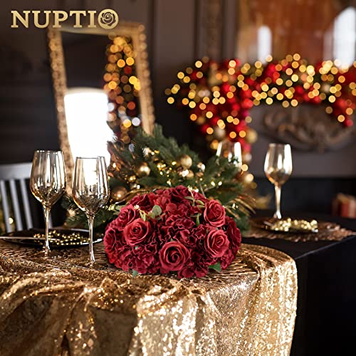 NUPTIO Flower Wedding Centrepieces for Tables: 10 Pcs Burgundy Artificial Flowers Roses Balls 14.2 inch Diam for Centerpiece Fake Silk Rose Arrangements Weddings Reception Birthday Party Decoration - color: Burgundy, size: 14.2" Diam - 10 PCS