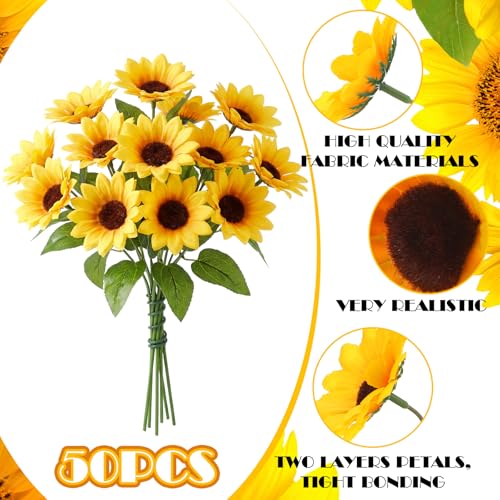 Wavwavw 50 Pcs 2.76 Inch Mini Artificial Sunflower Heads with Iron Stems for Home Party Decoration Wedding Decor, Bride Holding Flowers Centerpieces Wreath Garden DIY Art Decor Crafts - size: 2.76 Inch