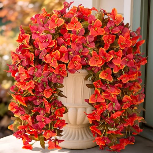 INXUGAO 2 pcs Artificial Faux Bougainvillea Fall Flowers Plants for Outdoor Outside Decoration, Fake Silk UV Resistant Long Trailing Vines for Front Door Porch Planter Balcony Decor - color: Orange Red