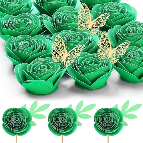 Mverse 3D Rolled Artificial Roses Paper Flowers, Mini Crafts DIY Gift Decorations for Shadow Box Frame, Graduation Cap, Cake Topper, Baby Floral Nursery (18 Pieces, Green) - color: 14- Green
