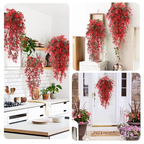 RECUTMS Artificial Hanging Plants 4 Pcs Ferns Plants Large Faux Artificial Hanging Plants Wall Plants Fake Ivy Room Decor Home Garden Wedding Party Indoor Outdoor Decorations(Red) - color: Style1-red