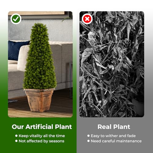 Goplus 3ft Artificial Boxwood Topiary Tree, 2 Pack Cone-Shaped Faux Potted Plants with Cement Flowerpot, Fake Evergreen Artificial Topiary for Indoor Outdoor Home Front Porch Decor
