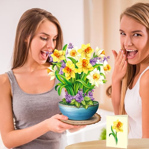 Airpark Pop Up Flower Bouquet Card for Women, 3D Floral Greeting Card with Envelope and Note, Birthday Thank You Thinking of You Get Well Gift for Mom Friend Wife Teacher, Daffodil - style: Daffodils & Lilacs