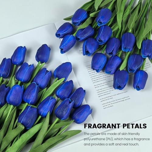30 PCS Artificial Tulips Real Touch Tulips 13.5inch Long Stem Fake Flowers Silk Flowers for Spring Easter Mother's Day Decorations（Royal Blue） - color: Royal Blue