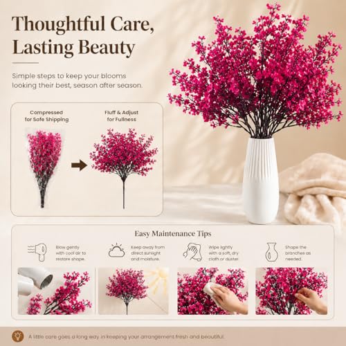 Mandy's 6 Bundles Artificial Hot Pink Baby’s Breath Flowers | 18.5 Inch Silk Gypsophila European Style Modern Home Decor Centerpiece Neutral Wedding Flower Arrangements - color: Hot Pink