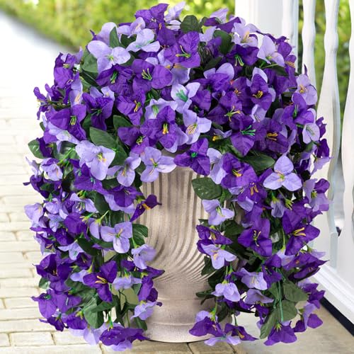 INXUGAO 2 pcs Artificial Faux Bougainvillea Flowers Plants for Outdoor Outside Summer Decoration, Fake Silk UV Resistant Long Trailing Vines for Front Door Porch Planter Balcony (Purple Dark Purple) - color: Purple Dark Purple