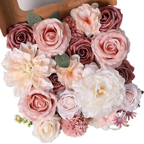 Garisey Artificial Flowers Combo, Mix Silk Flowers Roses, Peonies, Dahlias with Stems for DIY Wedding Bridal Bouquets, Baby Shower, Table Centerpieces, Home Decor, Fake Floral Arrangements-Blush Pink - color: Blush Pink&champagne Powder