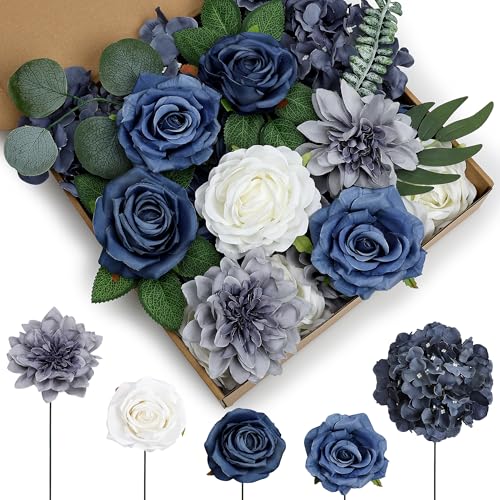 Scawim Artificial Flowers Combo Box, Navy Blue DIY Fake Silk Flowers Set Decor with Stems for Roses Graduation Party Centerpieces Bridal Bouquets Cake Decorations Arrangements Indoor Outdoor - color: Navy Blue