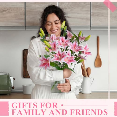 Dingion 6 Pcs 18 Heads Artificial Lily Flowers 31.5'' Mother's Day Lily Flowers Long Stem Fake Bouquet Latex Realistic 3 Big Flower Head 3 Bud for Tall Vase Home Table Wedding Decoration(Pink) - color: Pink