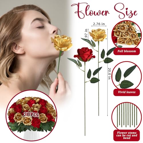 30pcs Fake Roses Artificial Silk Flowers Long Stems Bouquet for Wedding Bridal Shower Party Home Decoration (Burgundy + Gold) - color: Burgundy + Gold