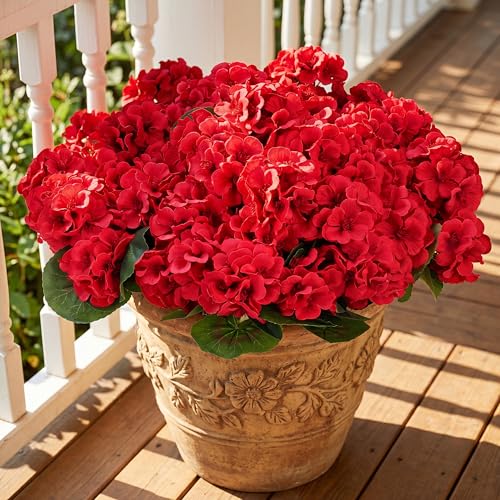 CEWOR Artificial Geranium Flowers for Outdoor, Fake Silk UV Resistant Geranium Red Flowers, Faux Flower for Garden Front Door Porch Planter Patio Home Decor (12, Red) - color: Red Geranium