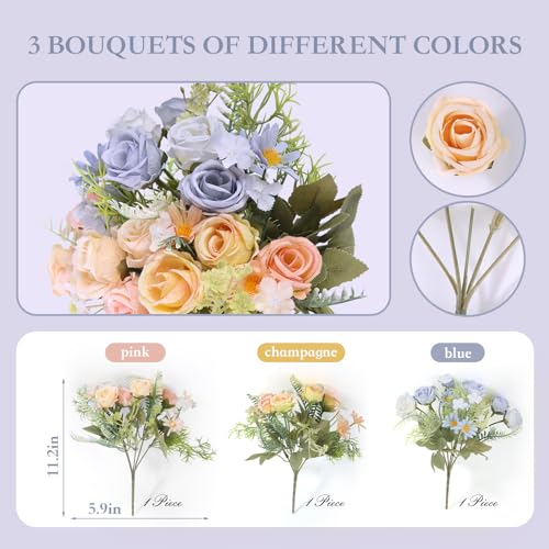 Artificial Flowers Bouquets 3 Bunches Fake Flowers Bride Holding Flowers Faux Floral for Home Wedding Spring Decor - color: Mixed-2