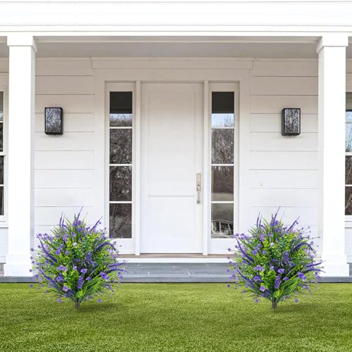 Artificial Boxwood Topiary Ball Trees with Ground Spikes UV Resistant Faux Greenery Shrubs Fake Shrubs for Outdoors, Realistic Faux Plants Bushes for Garden Porch Yard Patio Decor (Purple Flower) - color: Purple Flower