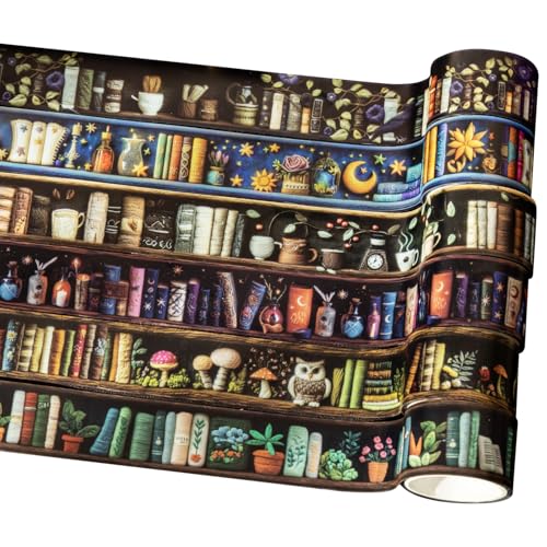 Magician’s Bookcase PET Tapes – 6 Rolls of Fantasy Embroidery-Style Bookcase Designs with Clip, for Scrapbook, Journal, Junk Journal, Planner and DIY Decor - color: Wizard Bookshelf