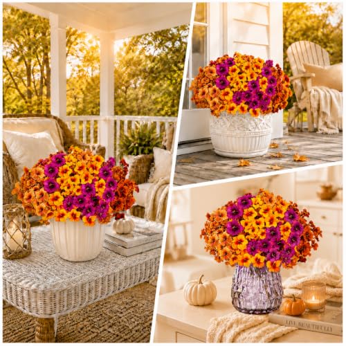 Geegoods Artificial Fall Flowers for Outdoors, 12 Bundles Fake Petunias | UV resistant realistic silk blooms for pots, patios, porches and front yard decor - color: Mix 4 Colors, size: 12 Bundles-Small Petunias