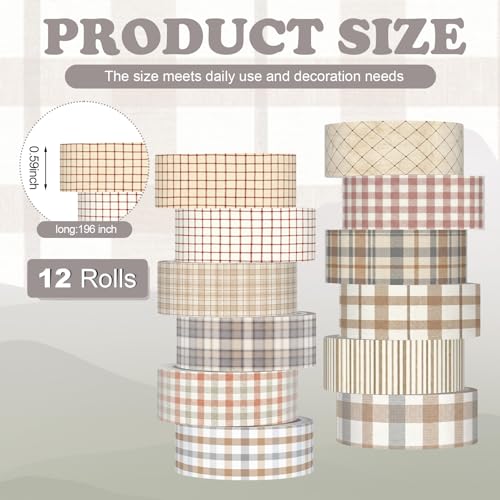 12 Rolls Watercolor Floral Washi Tape Set 15 mm Vintage Flower Decorative Masking Tape for Summer School Arts DIY Craft Scrapbook Journal Supplies Gifts(Retro,Plaid) - color: Retro, style: Plaid