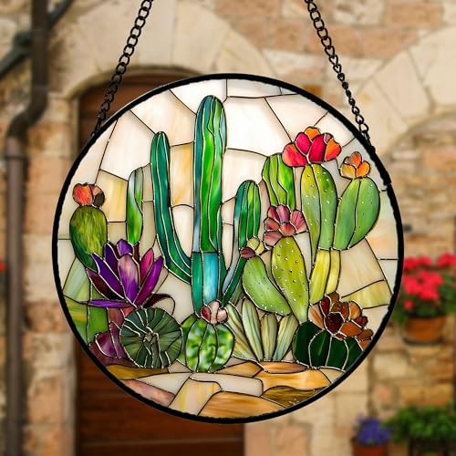 DASTOLL Stained Glass Window Hanging, White Green Cactus Suncatcher Diamond Glass Panel Hangings Sun Catchers Decor for Birthday for Women, Men, Wife, Aunt, and Mom 11.8x11.8 in - color: Green, size: 11.8x11.8 IN