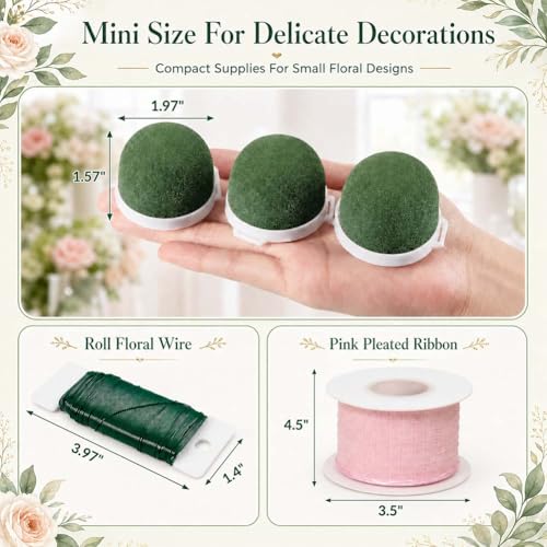 Floral Foam Holder for Fresh Flowers, Mini Half Ball Flower Foam with Base, Florist Foam for Wine Bottle Vase Decor, Dry Artificial Flower Supplies (12Pcs+1Wire+Ribbon)