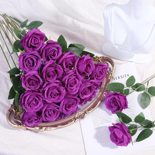 72 Pcs Artificial Roses Purple Fake Silk Roses Realistic Roses Faux Flower Indoor Wedding Home Decor, Birthday Decorations - color: Purple