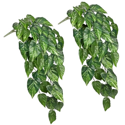 2 Packs UV Resistant Artificial Hanging Plants Outdoors & Indoors, 33" Large Fake Pothos Ivy Vines Plants Faux Monstera Hanging Greenery for Planter, Window Box, Porch, Patio, Garden, Balcony Decor - color: #Mix Green Pothos Vines