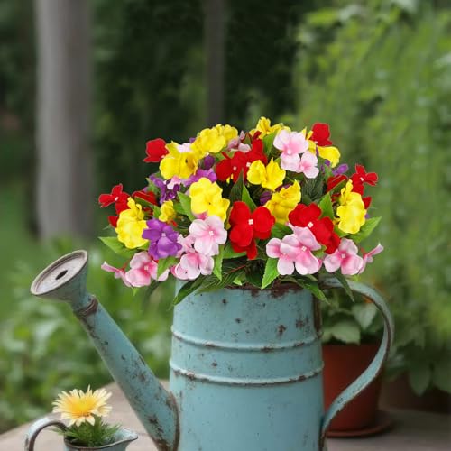 CITYES 4 Pcs Artificial Flowers for Outdoors Impatiens UV Resistant Silk Flowers Hibiscus Faux Impatiens Flowers for Outdoor Planters Pot Patio Garden Hanging Basket Porch Table Indoor Decor - color: Pink, Purple, Red, Yellow