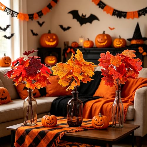 6 Pcs Artificial Fall Leaves Branches Fall Flowers 13.8 Inch Faux Autumn Maple Stems Mixed Colors Black Red Orange Floral Picks for Thanksgiving Table Centerpiece Halloween Home Decor - color: Red 2