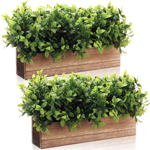 Lyrow 2 Pack 16 '' Artificial Eucalyptus Plants in Rectangular Rustic Wooden Planter Box Faux Potted Herb Plant Greenery Centerpiece for Cabinet Windowsill Table Shelf Wedding Decor (Brown) - color: Brown, size: 16 ''