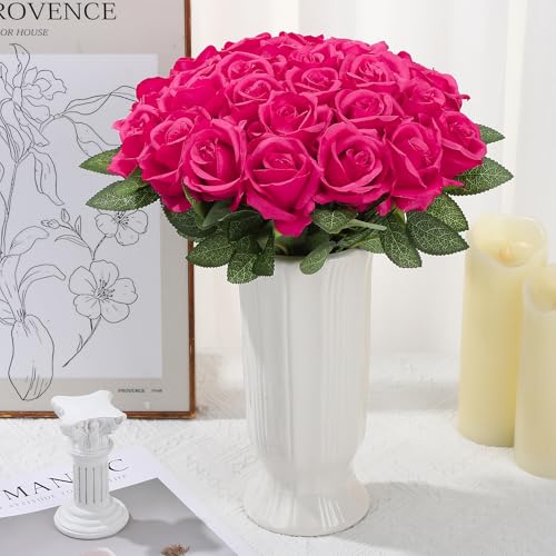 150 Pcs Roses Artificial Flowers,Silk Light Hot Pink Artificial Flowers Fuchsia Petals Long Stem Roses for Wedding Bouquet Home Party Decor - color: Light Hot Pink