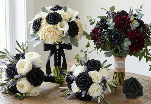 50 PCS Black Foam Rose Stemless Artificial Flower Head Bulk 2.75in Mini Fake Simulated Eternal Flores Roses Flower for DIY Craft Bridal Bouquets Centerpieces Arrangement Home Decoration - color: Black