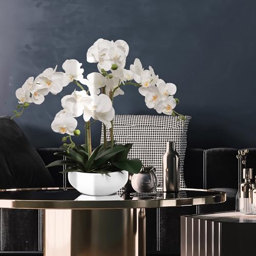 Larksilk 20" White Phalaenopsis Orchid in White Round Pot - Realistic Faux Orchid Arrangement