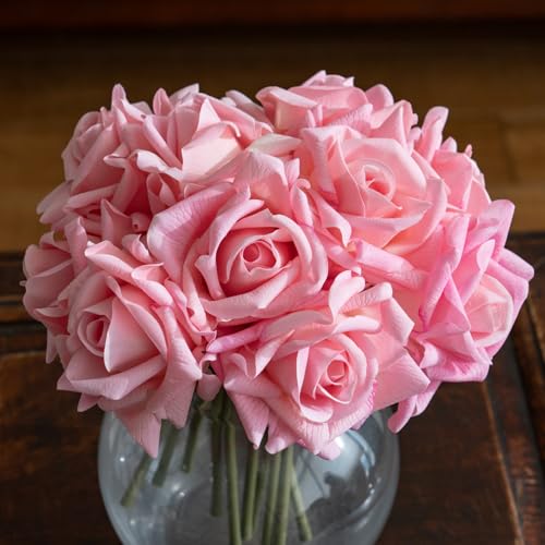 Artificial Roses-10-pcs Soft Touch Fake Flowers with Stems, Realistic Bridal Bouquet & Bulk Home Party Wedding Decor Roses - color: Deep Pink 10pcs