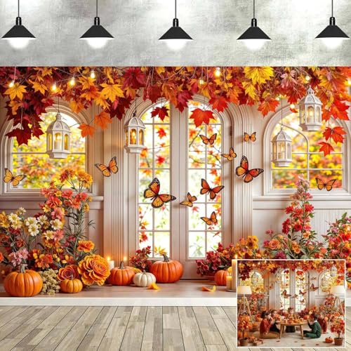 7X5ft Fall Butterfly Floral Backdrop for Photography Autumn Pumpkin Maple Butterfly Flowers Theme Girls Party Decorations Background Birthday Party Cake Table Decor Photo Booth Props - color: Multi5, size: 7x5ft
