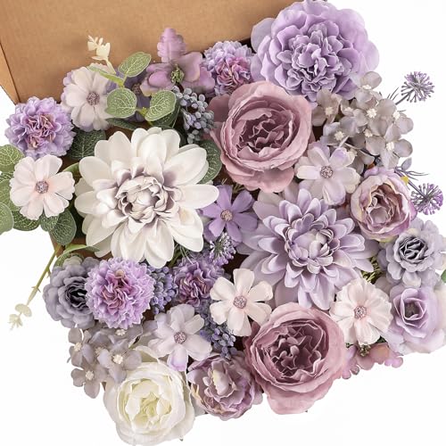 Garisey Artificial Flowers Combo Box Set Purple Fake Silk Flower for DIY Wedding Bouquet Arrangements Bridal Shower Party Home Decorations(White Purple Peony) - color: White Purple Peony