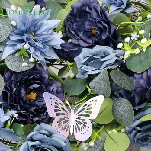 Eucalyptus Garland with Flowers - 1 Pack 5.9 FT Fake Flower Garland with Butterflies Faux Rose Greenery Garlands for Wedding Table Backdrop Arch Centerpieces Decorations - Navy Blue - color: Navy Blue, size: 1 Pack