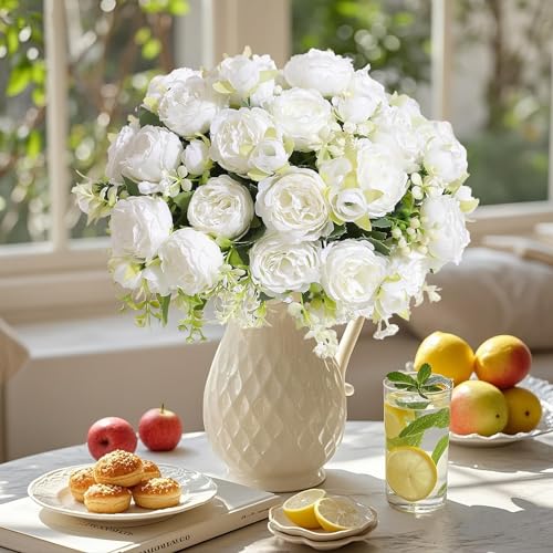 12 Bundles Peonies Artificial White Flowers Bouquet, Lifelike Silk Fake Peonies with Stems for Home Table Centerpieces, Wedding, Party & DIY Bridal Floral Arrangements (White) - color: White