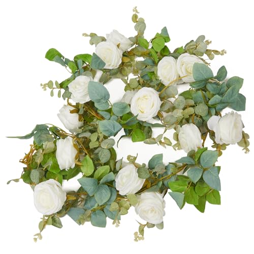 PONKING Flower Garland Artificial Rose Vine Flowers Hanging Fake Roses Vines for Wedding Birthday Party Valentines Christmas Room Wall Arch Decor, 2 White Floral Garland Decorations, High Realistic - color: High Realistic Flower White Vines 5.4ft